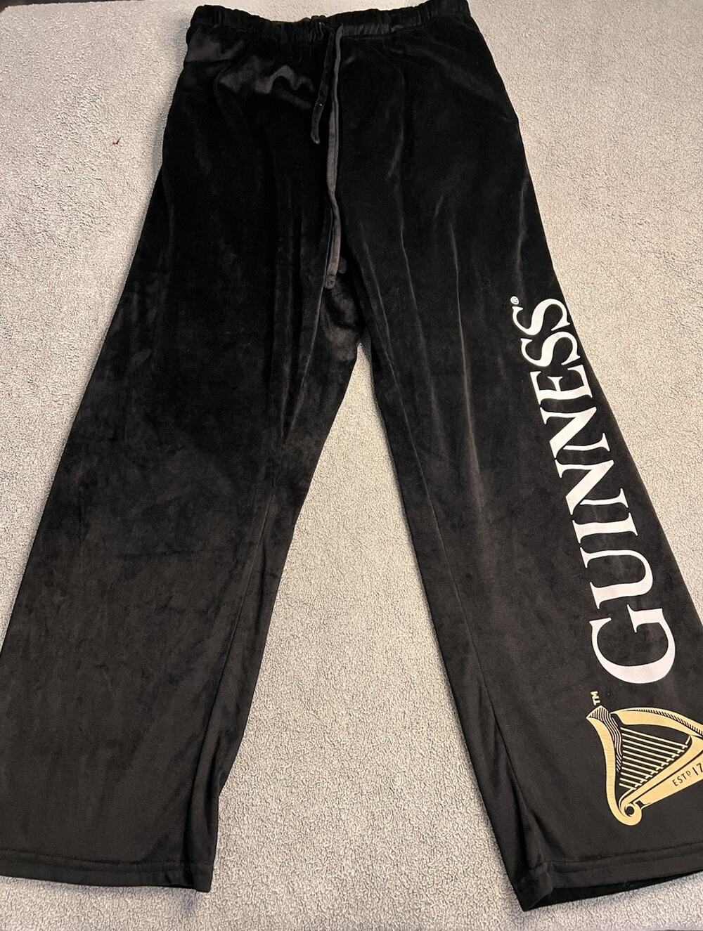 Guinness Branded Black Sweatpants Men’s Lounge Wear L Drawstring velvet- texture